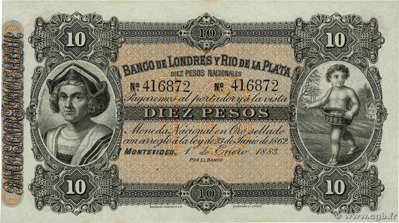 10 Pesos Non émis URUGUAY  1883 PS.242r pr.NEUF