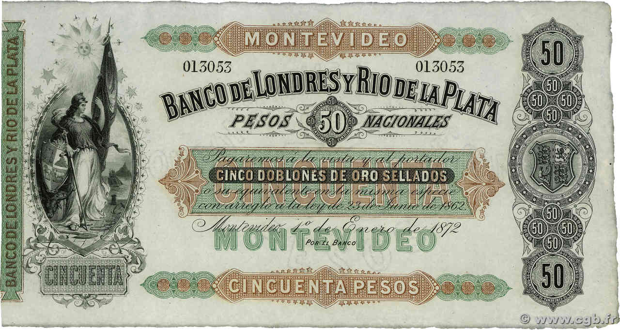 50 Pesos Non émis URUGUAY Montevideo 1872 PS.238r SUP