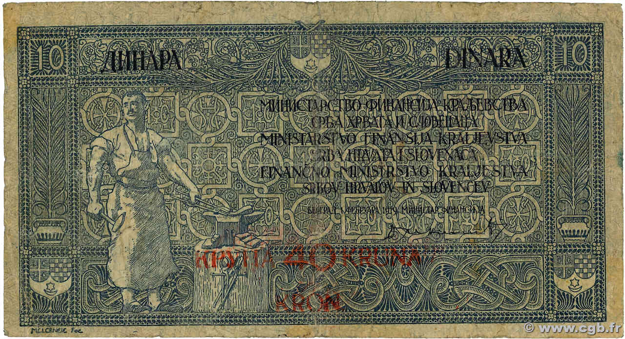 40 Kronen sur 10 Dinara YOUGOSLAVIE  1919 P.017 TB
