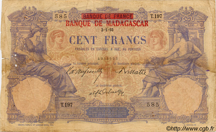 100 Francs Non émis MADAGASCAR  1893 P.034 B à TB