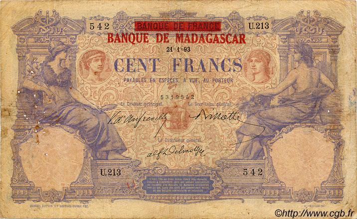 100 Francs Non émis MADAGASCAR  1893 P.034 BC