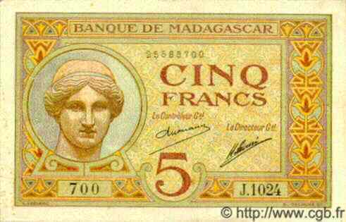 5 Francs  MADAGASCAR  1940 P.035 TTB