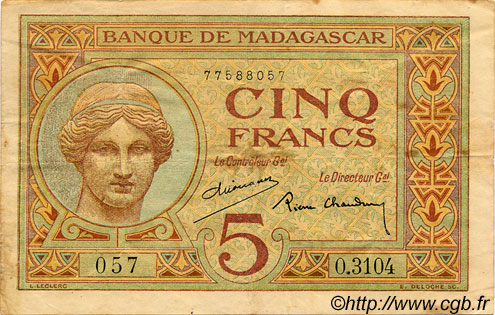 5 Francs MADAGASCAR  1940 P.035 TTB