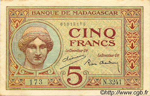 5 Francs MADAGASCAR  1937 P.035 q.SPL