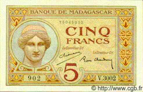 5 Francs MADAGASCAR  1940 P.035 SPL