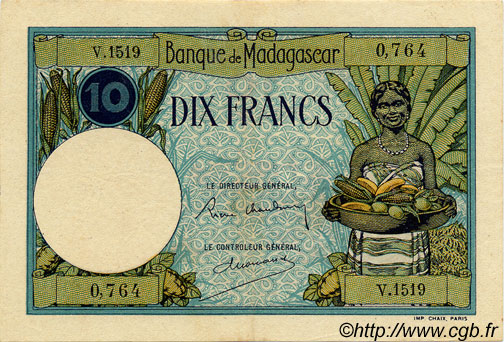 10 Francs MADAGASCAR  1937 P.036 MBC+