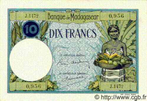 10 Francs MADAGASCAR  1937 P.036 SC+