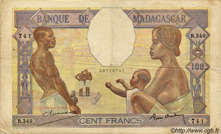 100 Francs MADAGASCAR  1937 P.040 F - VF
