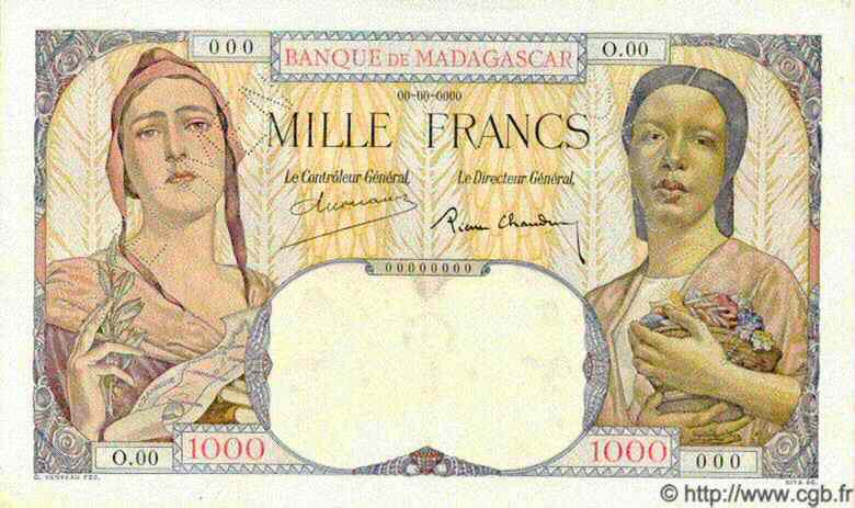 1000 Francs Spécimen MADAGASCAR  1937 P.041s SPL