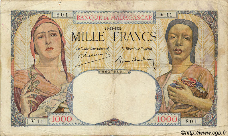 1000 Francs MADAGASCAR  1939 P.041 TB