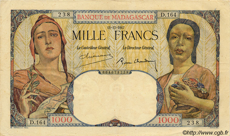 1000 Francs MADAGASCAR  1947 P.041 q.BB