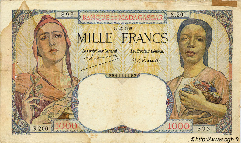 1000 Francs MADAGASCAR  1948 P.041 VG