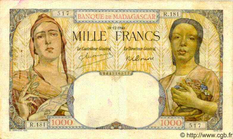 1000 Francs MADAGASCAR  1948 P.041 F - VF