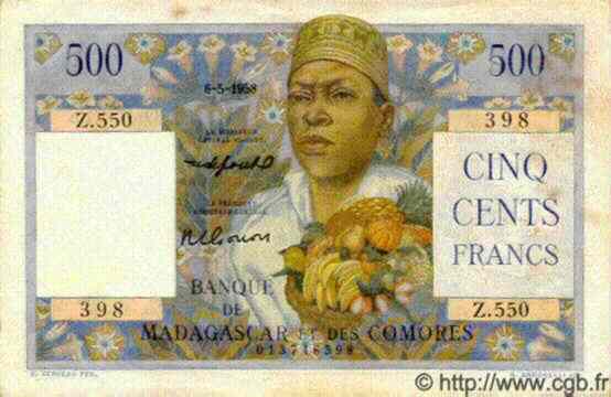 500 Francs MADAGASCAR  1958 P.047b XF
