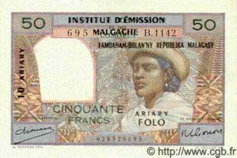 50 Francs - 10 Ariary  MADAGASCAR  1961 P.051a SPL