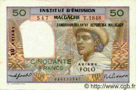 50 Francs - 10 Ariary MADAGASKAR  1961 P.051b fST+