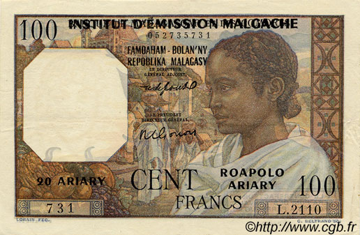 100 Francs - 20 Ariary MADAGASCAR  1961 P.052 XF+