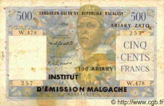 500 Francs - 100 Ariary MADAGASCAR  1961 P.053 BC