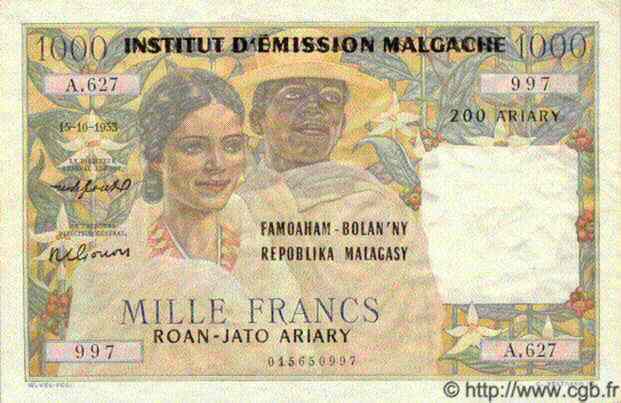 1000 Francs - 200 Ariary MADAGASCAR  1961 P.054 MBC a EBC