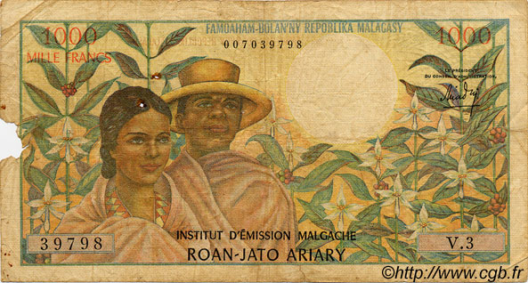 1000 Francs - 200 Ariary MADAGASCAR  1966 P.059 B