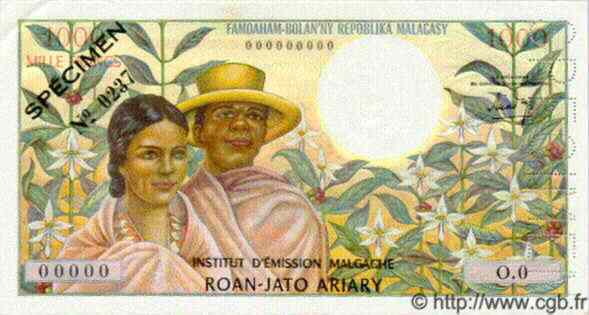 1000 Francs - 200 Ariary Spécimen MADAGASCAR  1966 P.059s UNC
