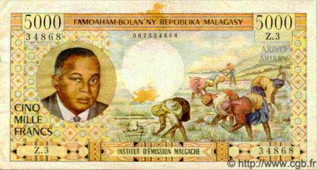 5000 Francs - 1000 Ariary MADAGASCAR  1966 P.060 MBC