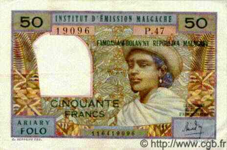 50 Francs - 10 Ariary MADAGASCAR  1969 P.061 TTB+