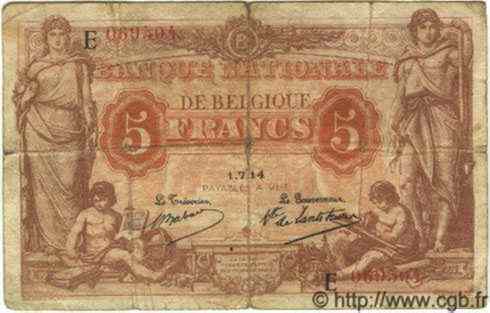 5 Francs BELGIQUE  1914 P.074a pr.TB