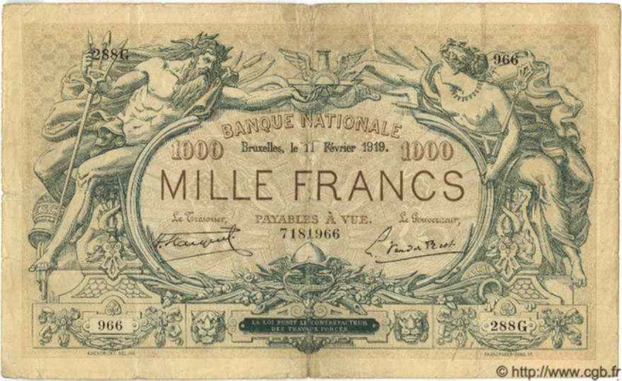 1000 Francs BÉLGICA  1919 P.080 BC+