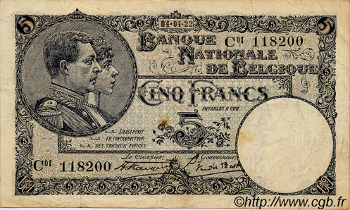 5 Francs BÉLGICA  1922 P.093 BC a MBC