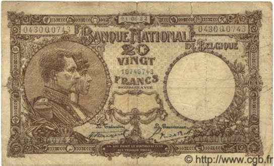 20 Francs BÉLGICA  1922 P.094 RC a BC