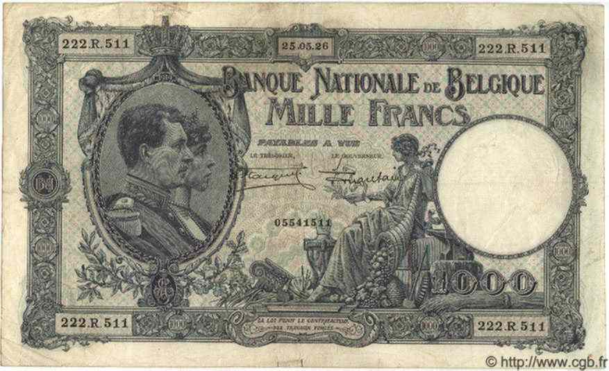 1000 Francs BÉLGICA  1926 P.096 BC+