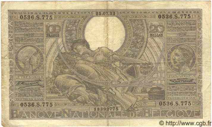 100 Francs - 20 Belgas BELGIUM  1933 P.107 VG