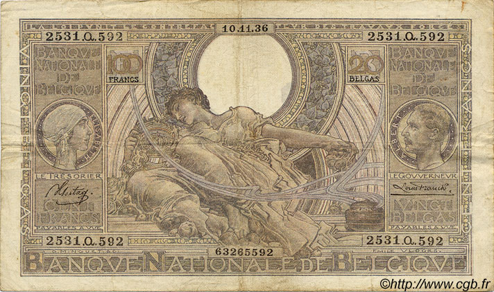 100 Francs - 20 Belgas BELGIUM  1936 P.107 F