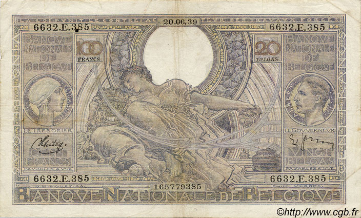 100 Francs - 20 Belgas BÉLGICA  1940 P.107 BC a MBC