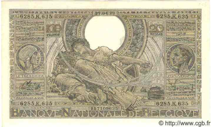 100 Francs - 20 Belgas BÉLGICA  1939 P.107 SC+