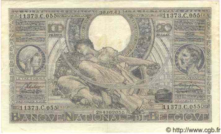 100 Francs - 20 Belgas BELGIQUE  1943 P.107 TTB+