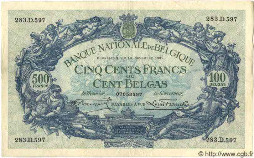 500 Francs - 100 Belgas BELGIEN  1932 P.103 SS