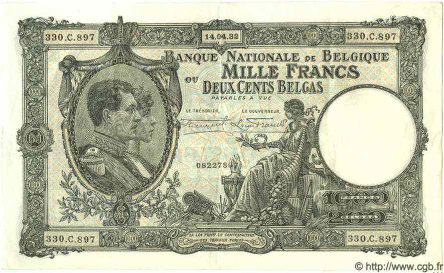 1000 Francs - 200 Belgas BELGIEN  1932 P.104 fVZ