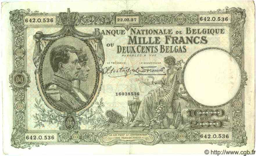 1000 Francs - 200 Belgas BELGIEN  1937 P.104 S