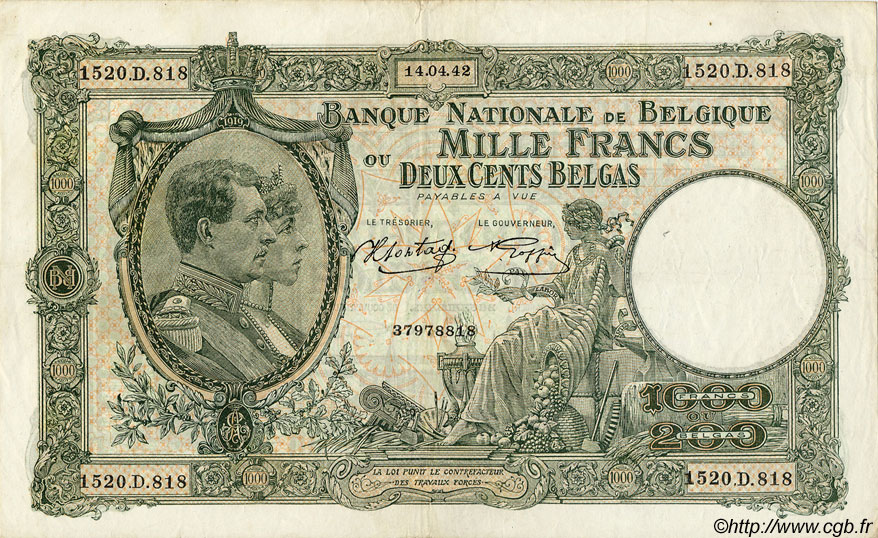 1000 Francs - 200 Belgas BÉLGICA  1942 P.110 MBC