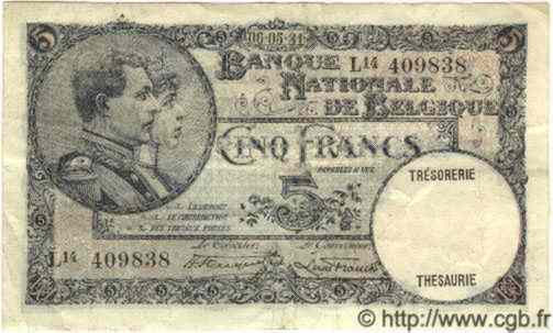 5 Francs BELGIUM  1931 P.097b VF