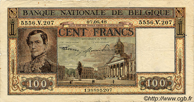 100 Francs BELGIQUE  1947 P.126 TB à TTB