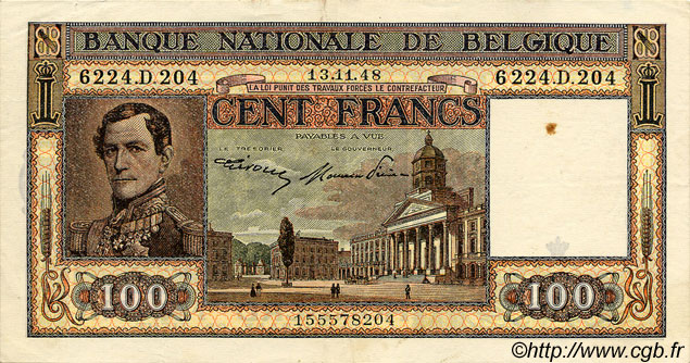 100 Francs BELGIO  1948 P.126 BB to SPL