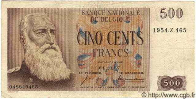 500 Francs BELGIUM  1957 P.130 VF