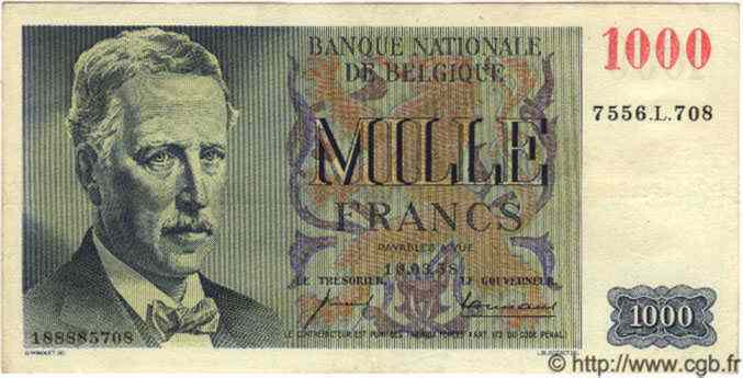 1000 Francs BELGIUM  1958 P.131 VF