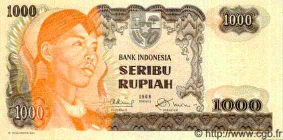 1000 Rupiah INDONESIA  1968 P.110a F+