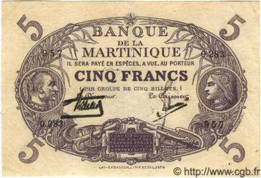 5 Francs Cabasson violet MARTINIQUE  1934 P.06 BB