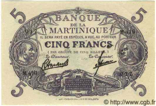 5 Francs Cabasson violet MARTINIQUE  1945 P.06 UNC-