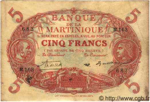 5 Francs Cabasson rouge MARTINIQUE  1933 P.06A MB a BB